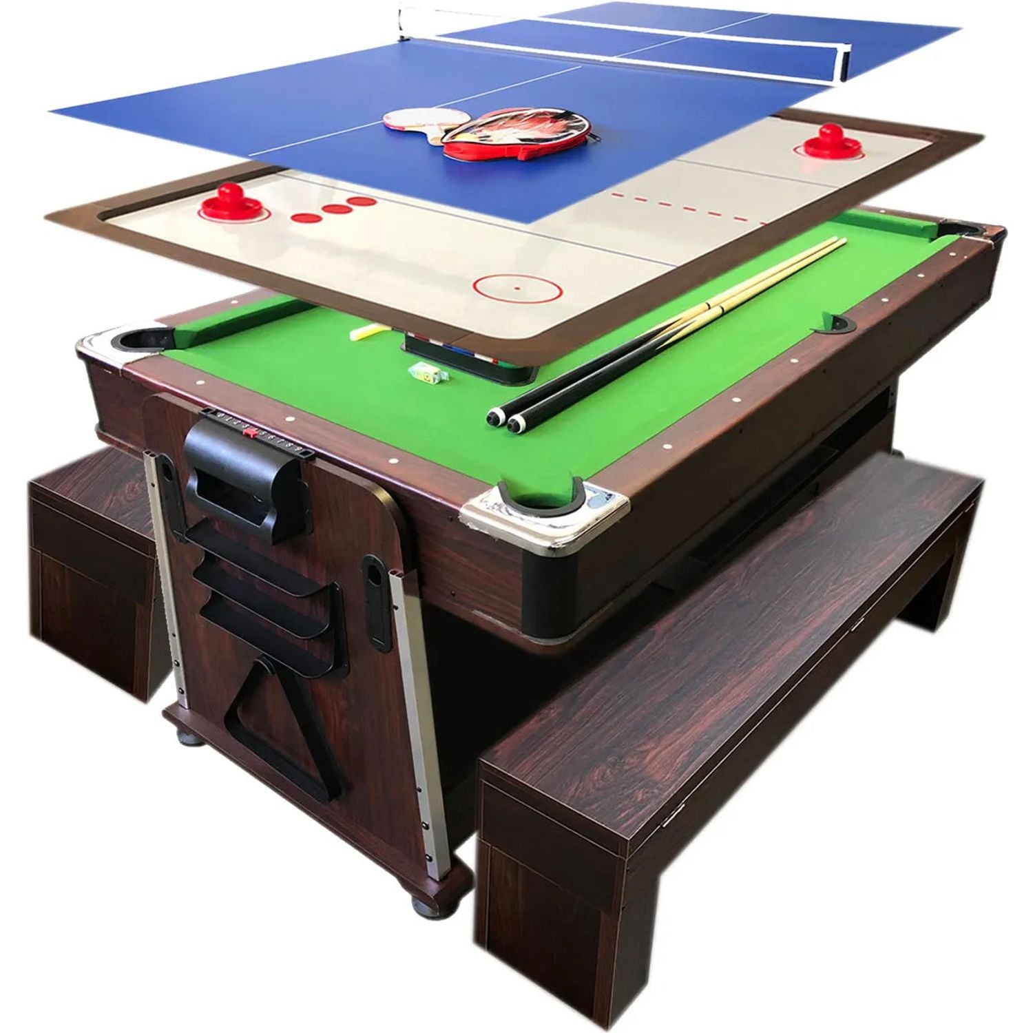 7FT Multi Game Table Mattew Pool Air Hockey Table Tennis Dining 145KG Electric Motor Dark Brown Benches Included
