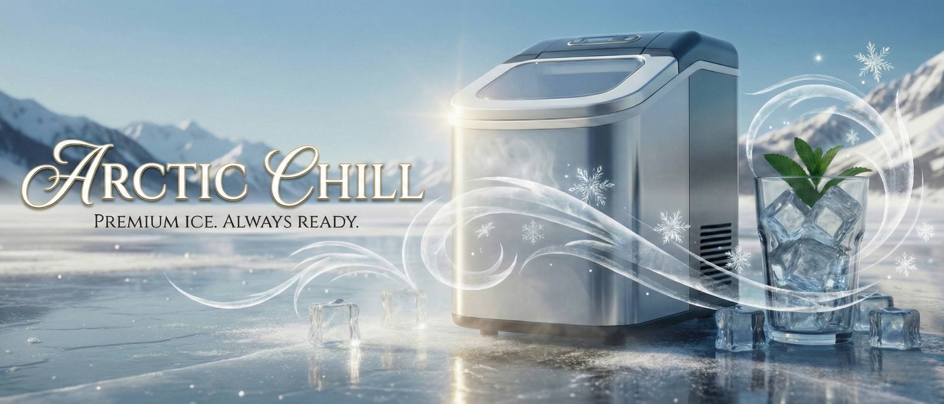 Ice maker with a glass of ice and mountains in the background