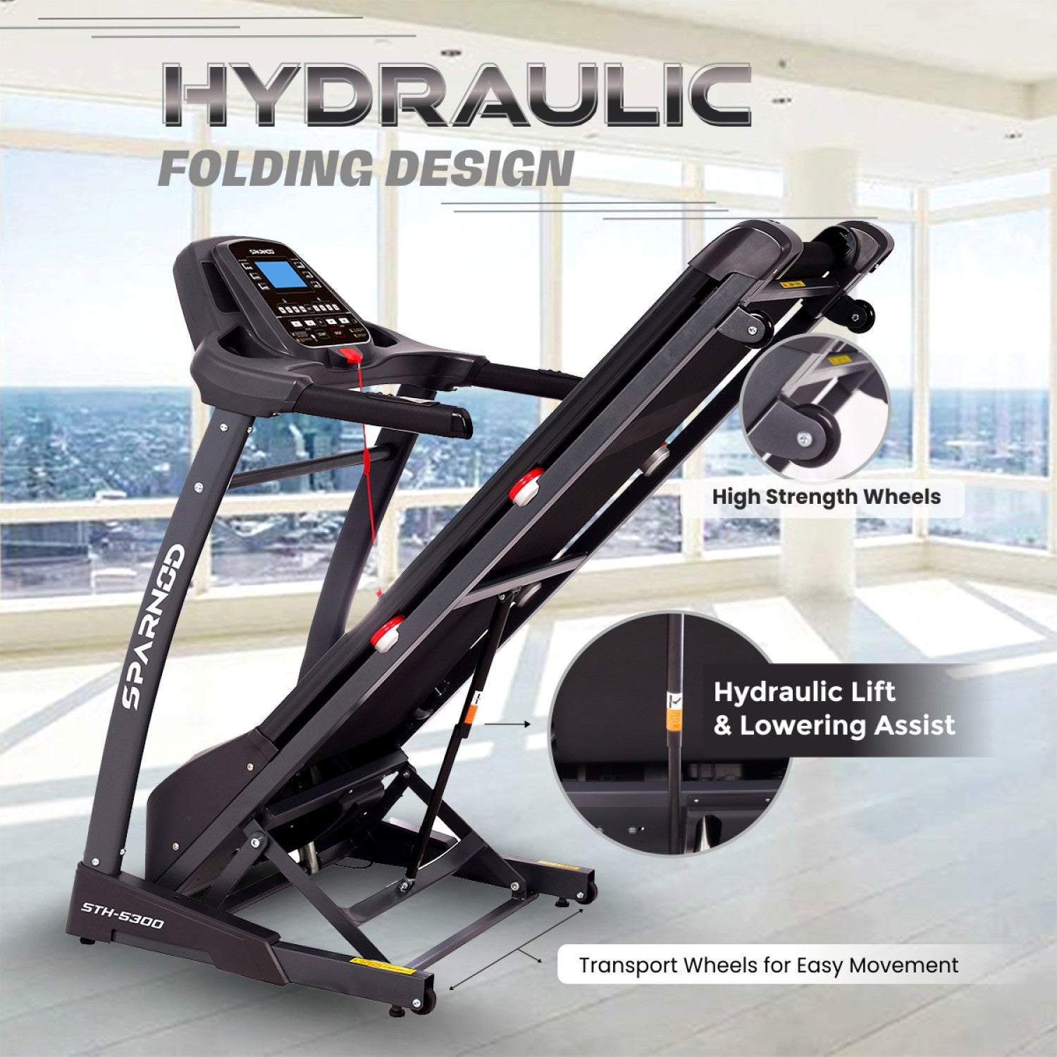 Auto Incline Treadmill STH-5300 5.5HP Peak 140kg 15% Auto Incline 16 km/h 18 Programs Hydraulic Fold Heart Rate Sensor - View 5