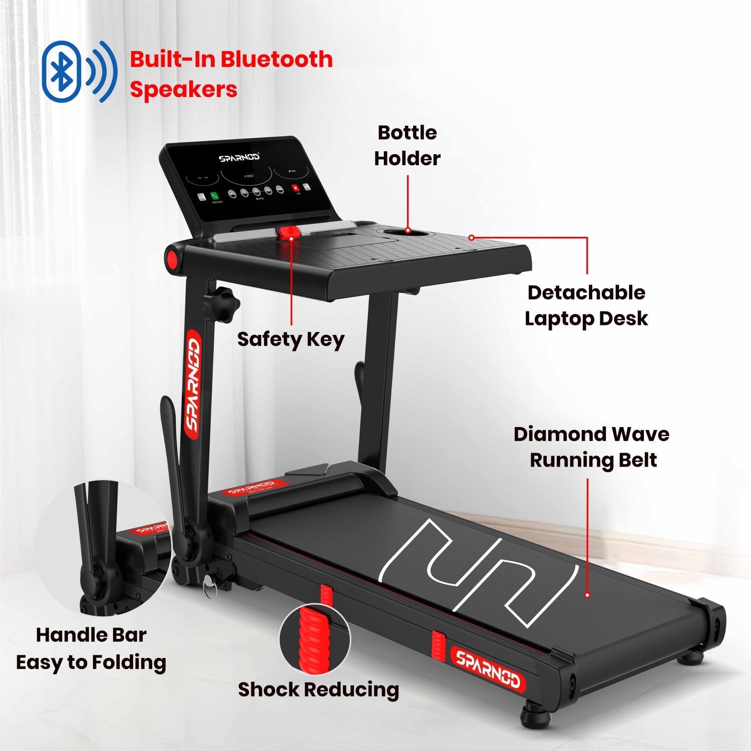 Desk Treadmill STH-3085 4HP DC Motor, 1-12km/h, Detachable Laptop Desk, 2-Level Incline, Heart Rate, Foldable, 100KG Capacity - View 6