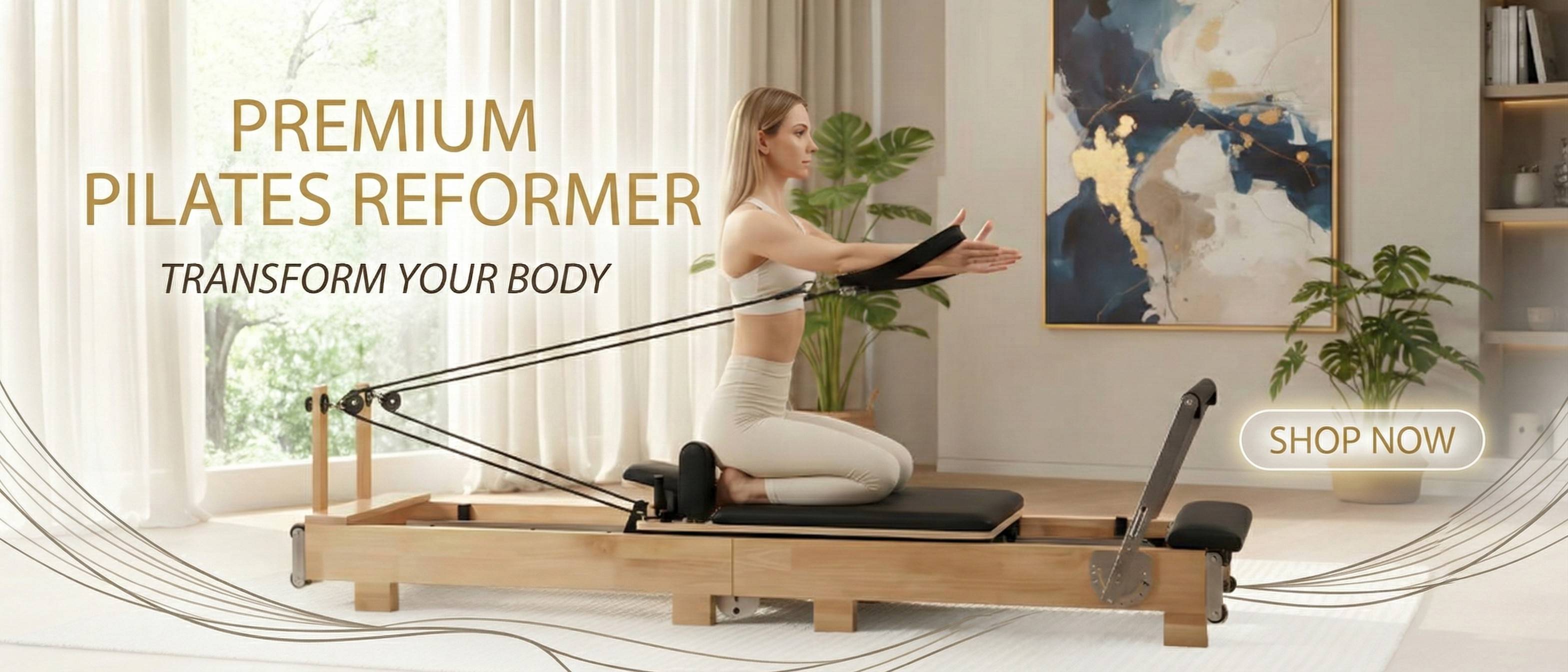 Woman using a Pilates reformer machine in a home setting with promotional text.