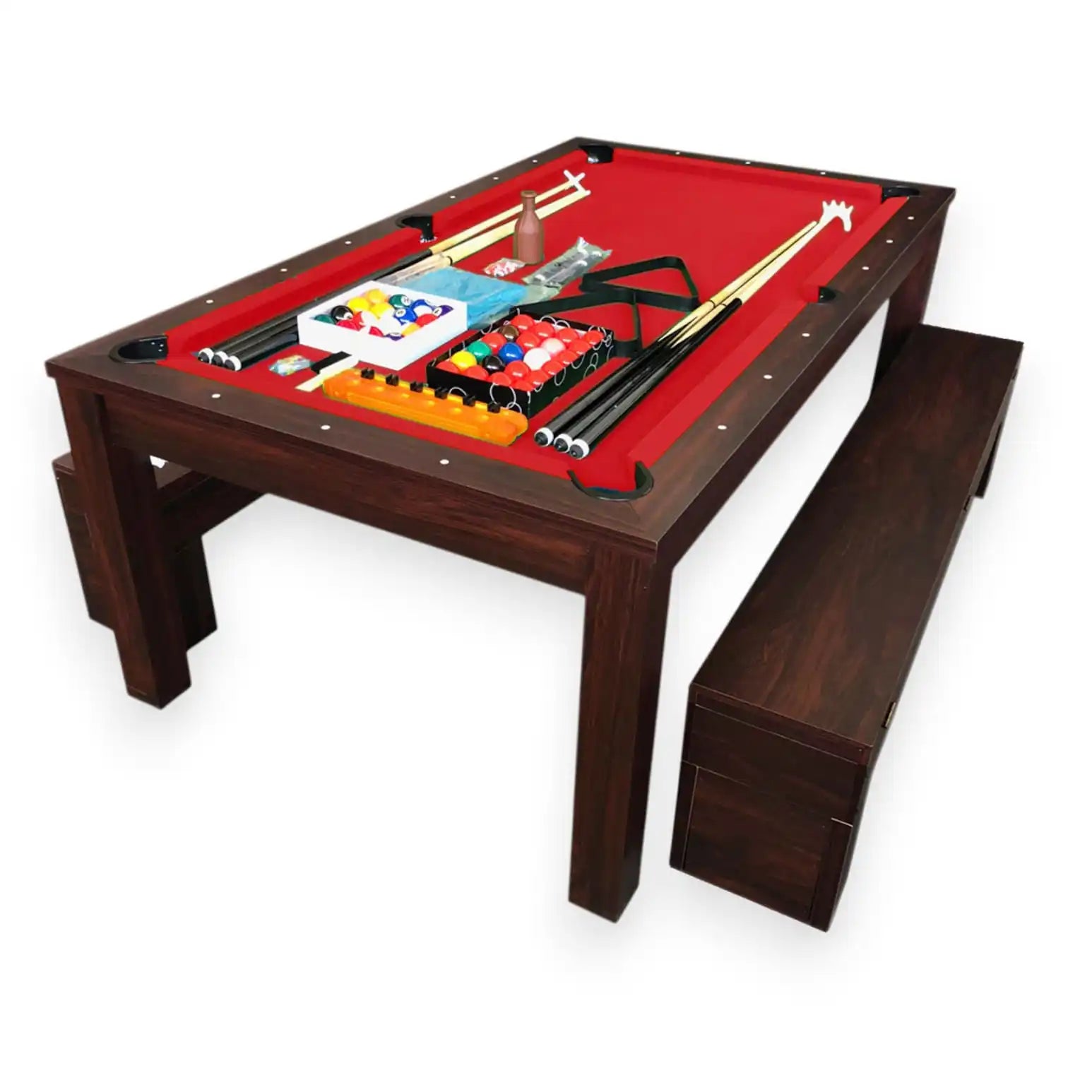 Pool Dining Table 7FT Convertible Billiards and Dining with 2 Storage Benches MDF 145kg Retractable Pockets Full Set - View 2