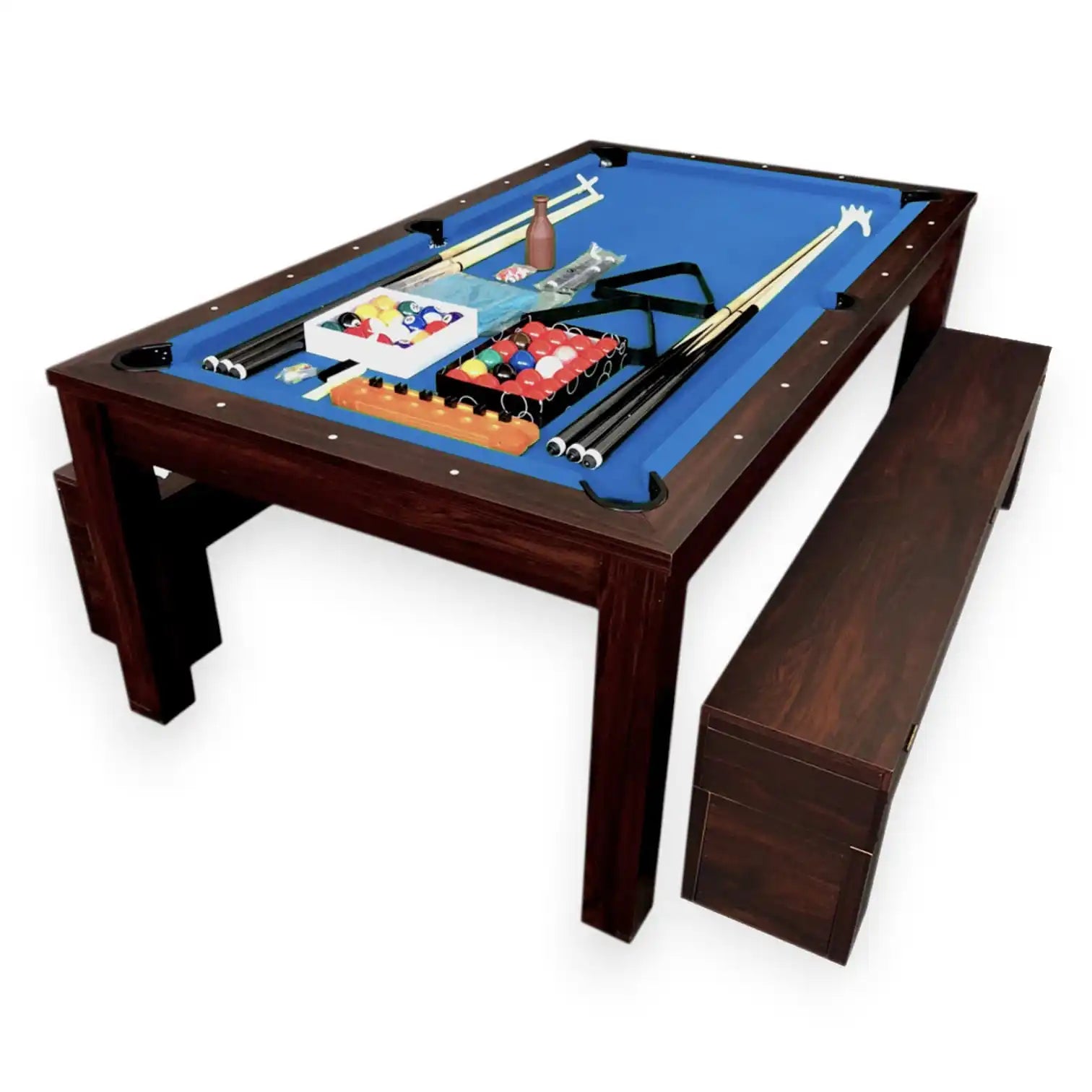 Pool Dining Table 7FT Convertible Billiards and Dining with 2 Storage Benches MDF 145kg Retractable Pockets Full Set - View 3