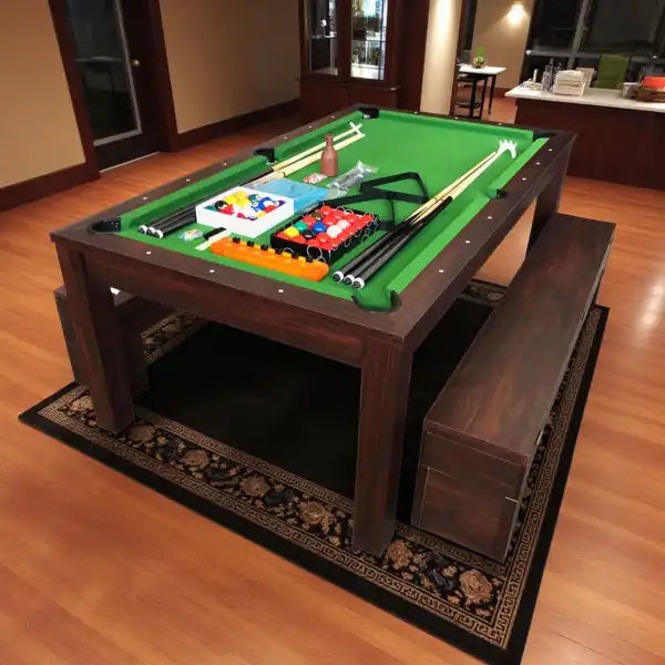Pool Dining Table 7FT Convertible Billiards and Dining with 2 Storage Benches MDF 145kg Retractable Pockets Full Set - View 4