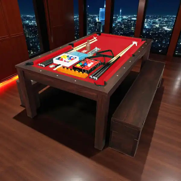 Pool Dining Table 7FT Convertible Billiards and Dining with 2 Storage Benches MDF 145kg Retractable Pockets Full Set - View 8