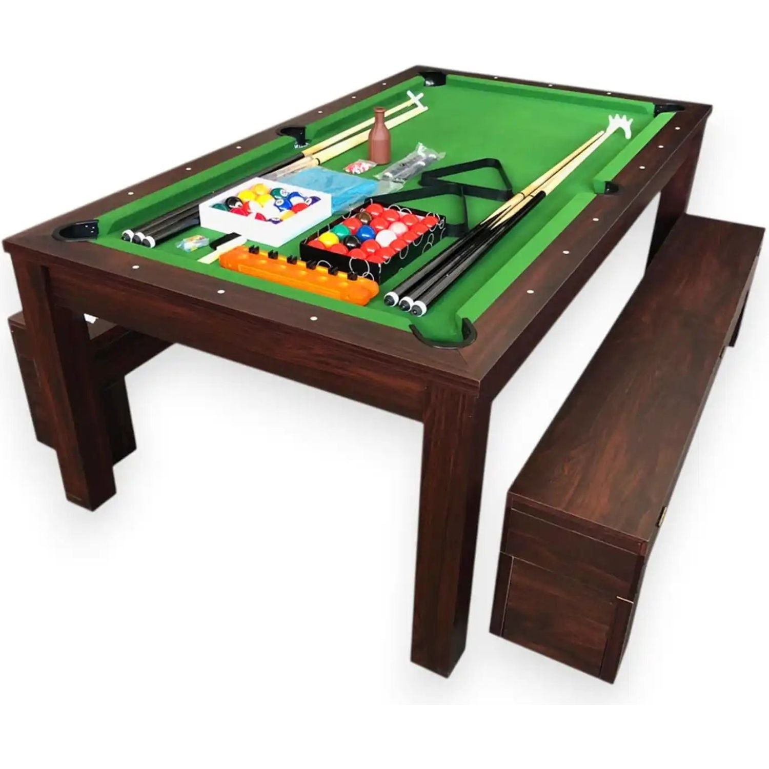 Pool Dining Table 7FT Convertible Billiards and Dining with 2 Storage Benches MDF 145kg Retractable Pockets Full Set