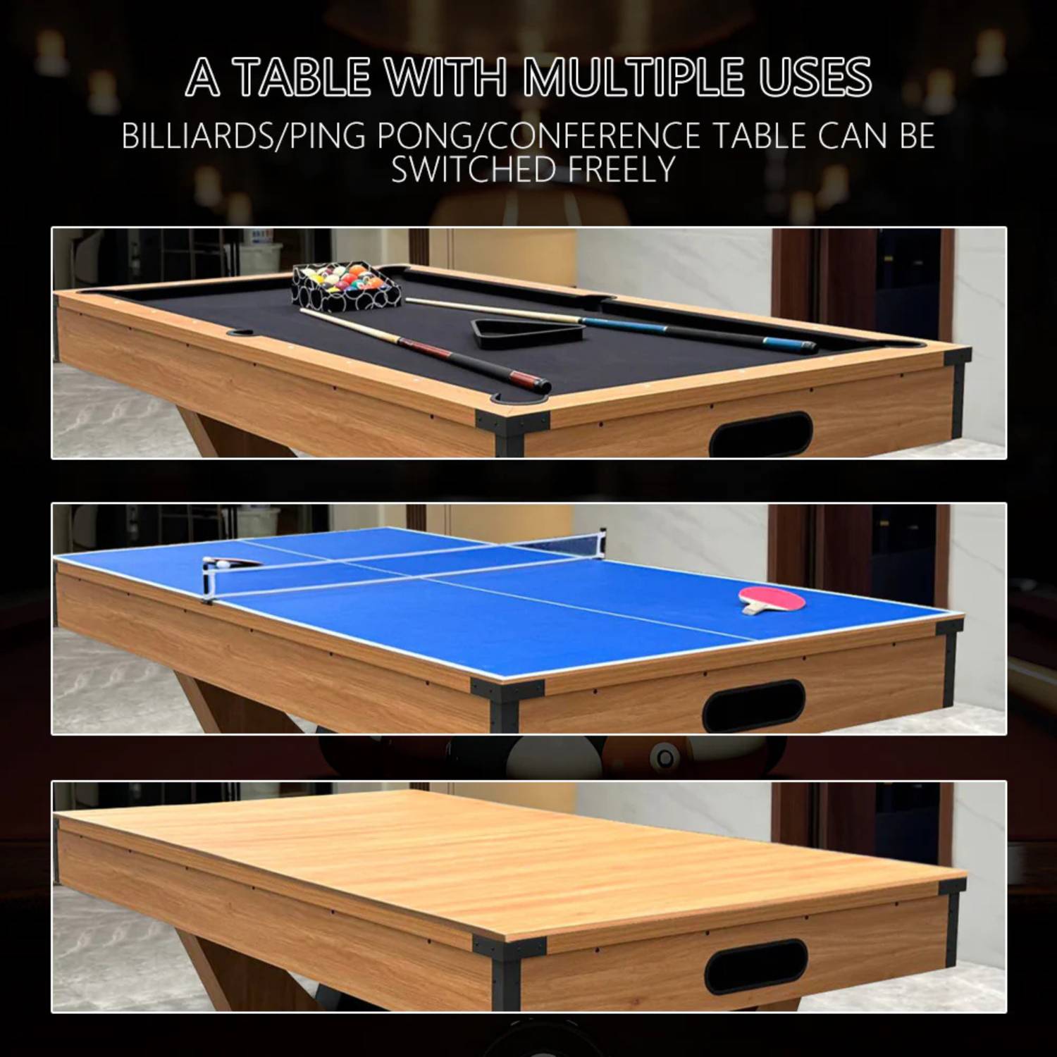 Pool Table 7FT 3 in 1 Billiards Table by UAE Stall - MDF Board, Velvet Cloth, Auto Ball Return, Converts to Dining and Tennis Table - View 6