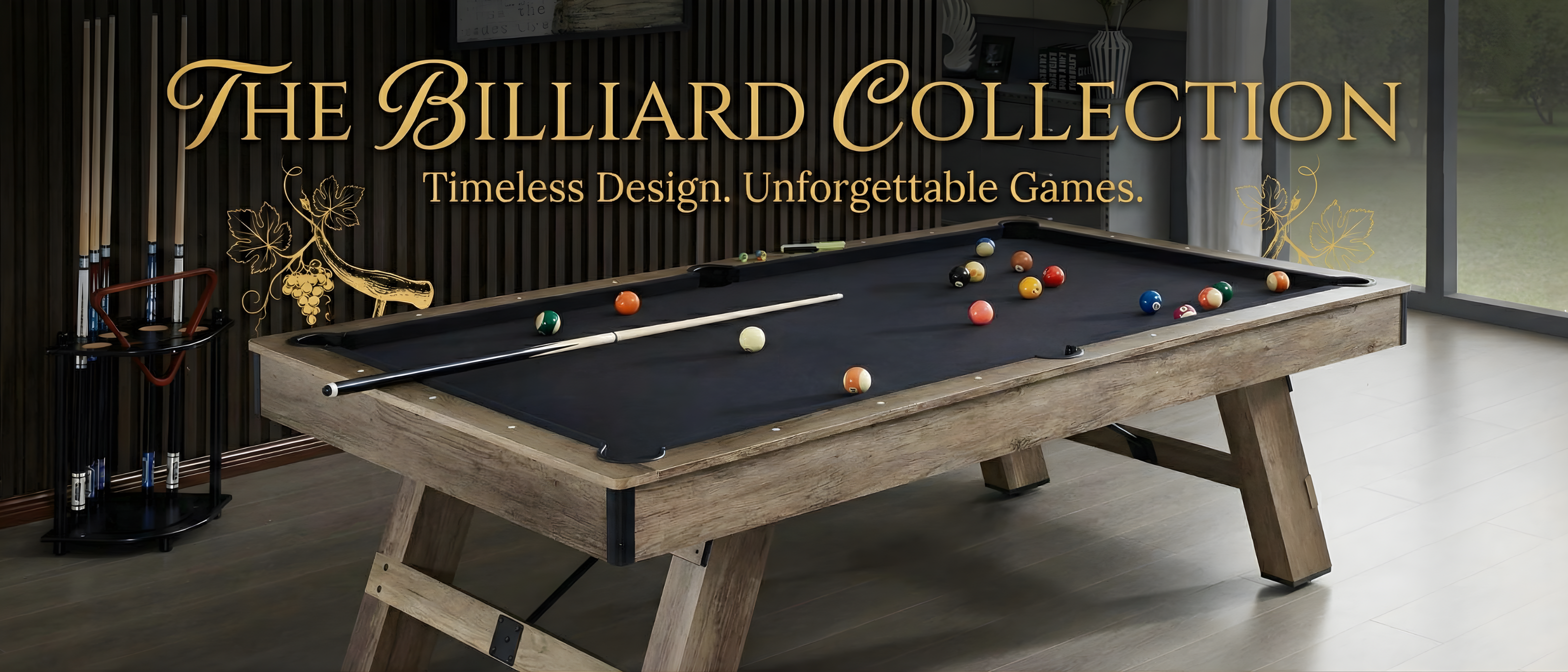 Billiard table with pool balls and cues, featuring 'The Billiard Collection' branding.
