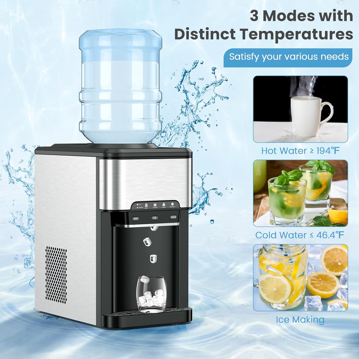 UAE Stall Water Dispenser Countertop, Cold & Hot Countertop Water Dispenser with Ice Maker, 12 Cubes/8Mins,Stainless Steel Construction
