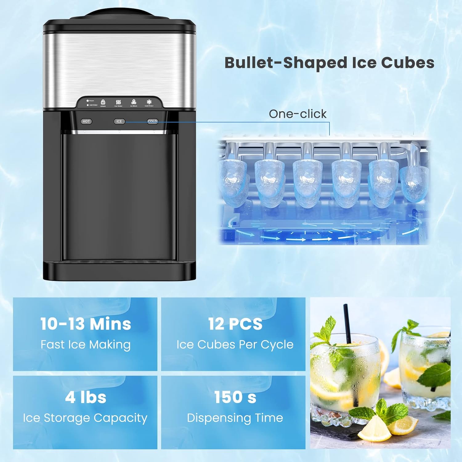 UAE Stall Water Dispenser Countertop, Cold & Hot Countertop Water Dispenser with Ice Maker, 12 Cubes/8Mins,Stainless Steel Construction