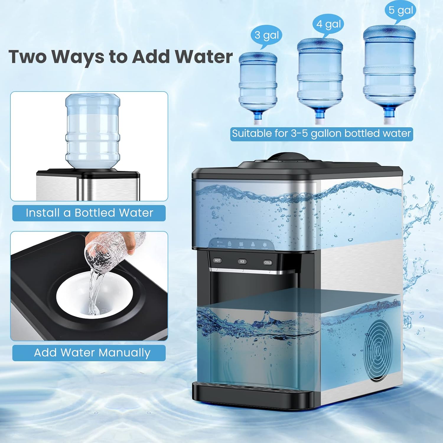 UAE Stall Water Dispenser Countertop, Cold & Hot Countertop Water Dispenser with Ice Maker, 12 Cubes/8Mins,Stainless Steel Construction