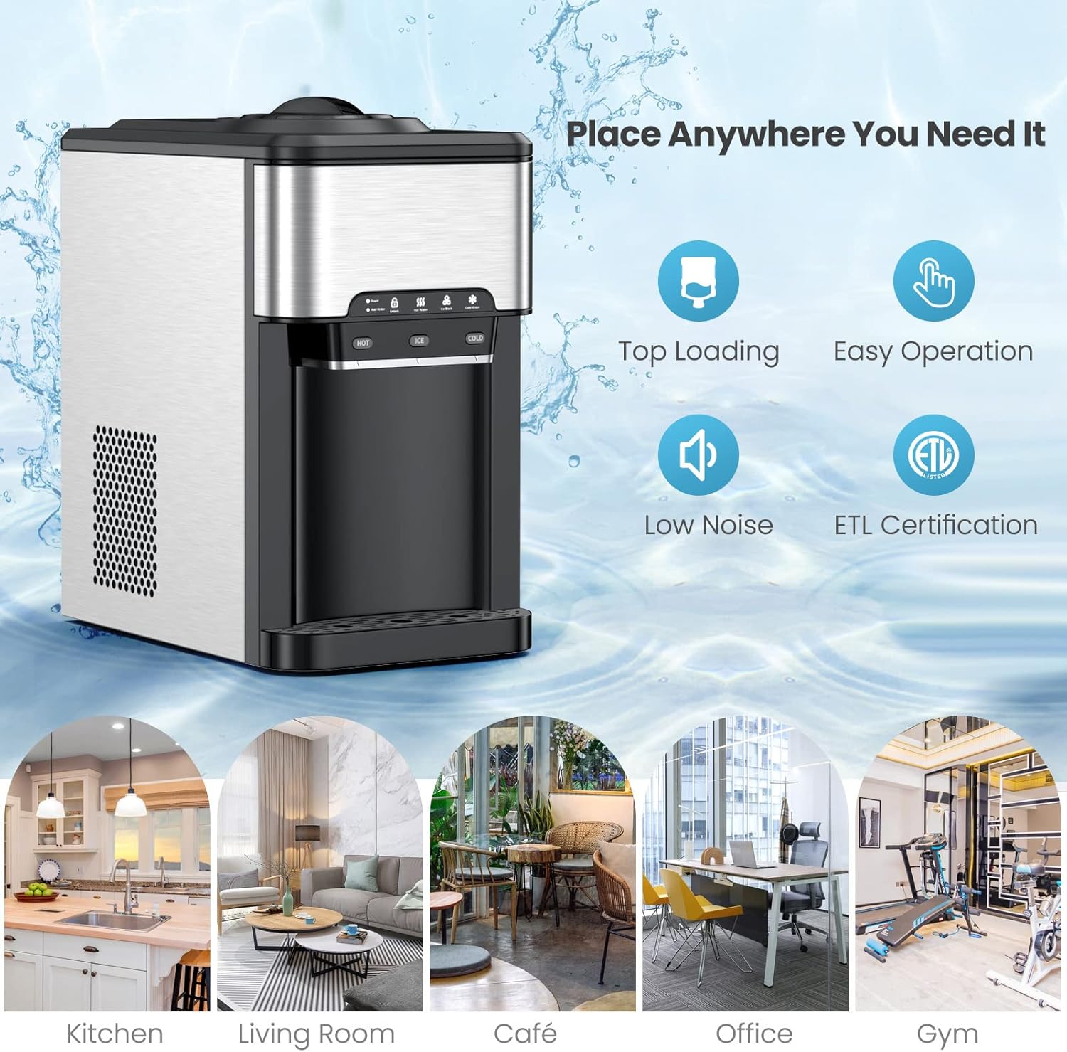 UAE Stall Water Dispenser Countertop, Cold & Hot Countertop Water Dispenser with Ice Maker, 12 Cubes/8Mins,Stainless Steel Construction