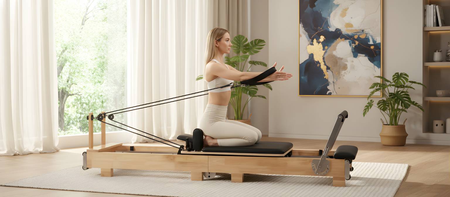 Woman using a Pilates reformer in a home setting with large windows and decorative elements.