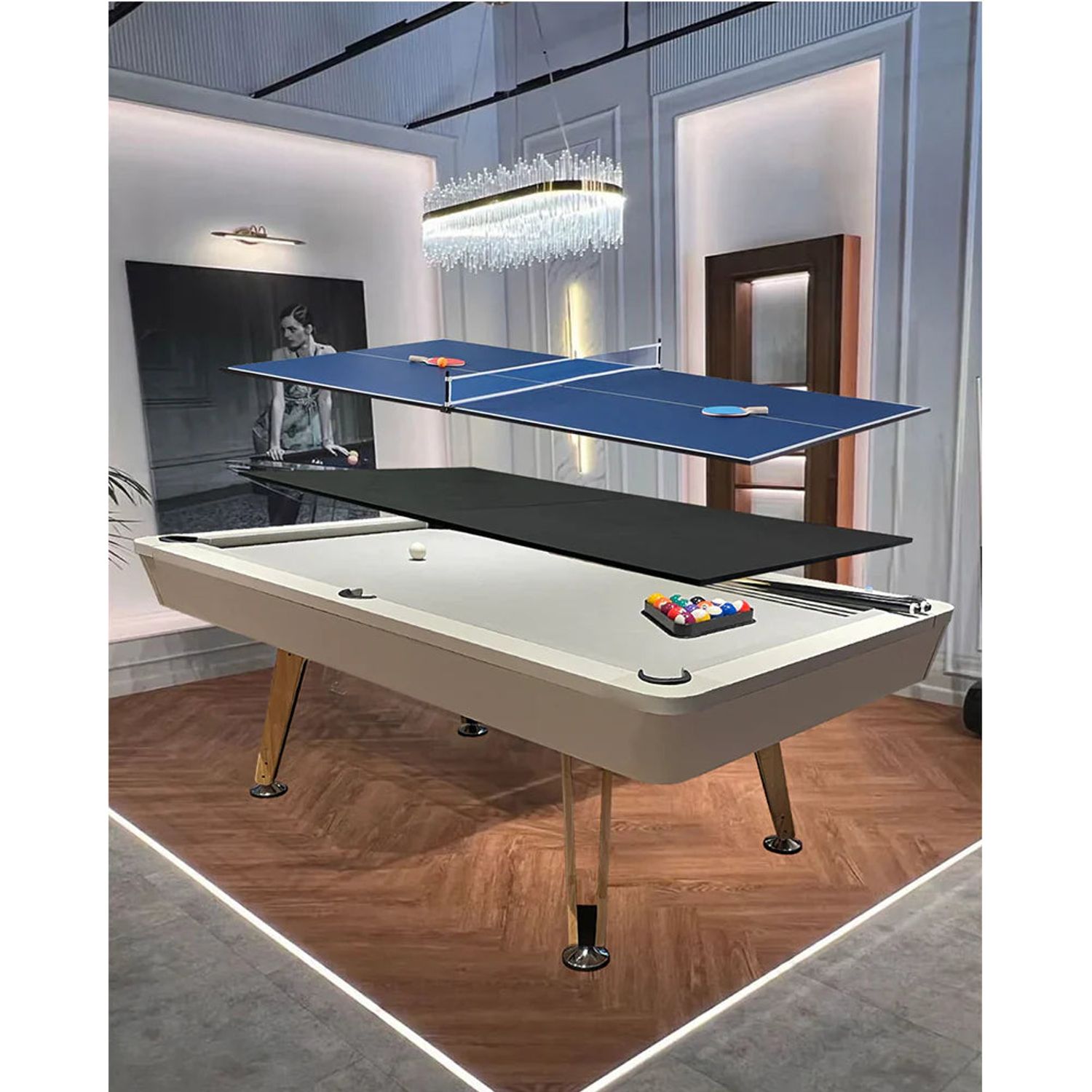 3 in 1 Pool Table 7ft Light Grey MDF Billiards plus Table Tennis plus Dining Snooker 8-Ball 9-Ball Indoor Game Table