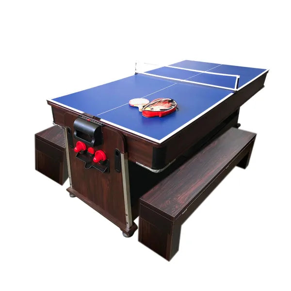 7FT Multi Game Table Mattew Pool Air Hockey Table Tennis Dining 145KG Electric Motor Dark Brown Benches Included - View 4