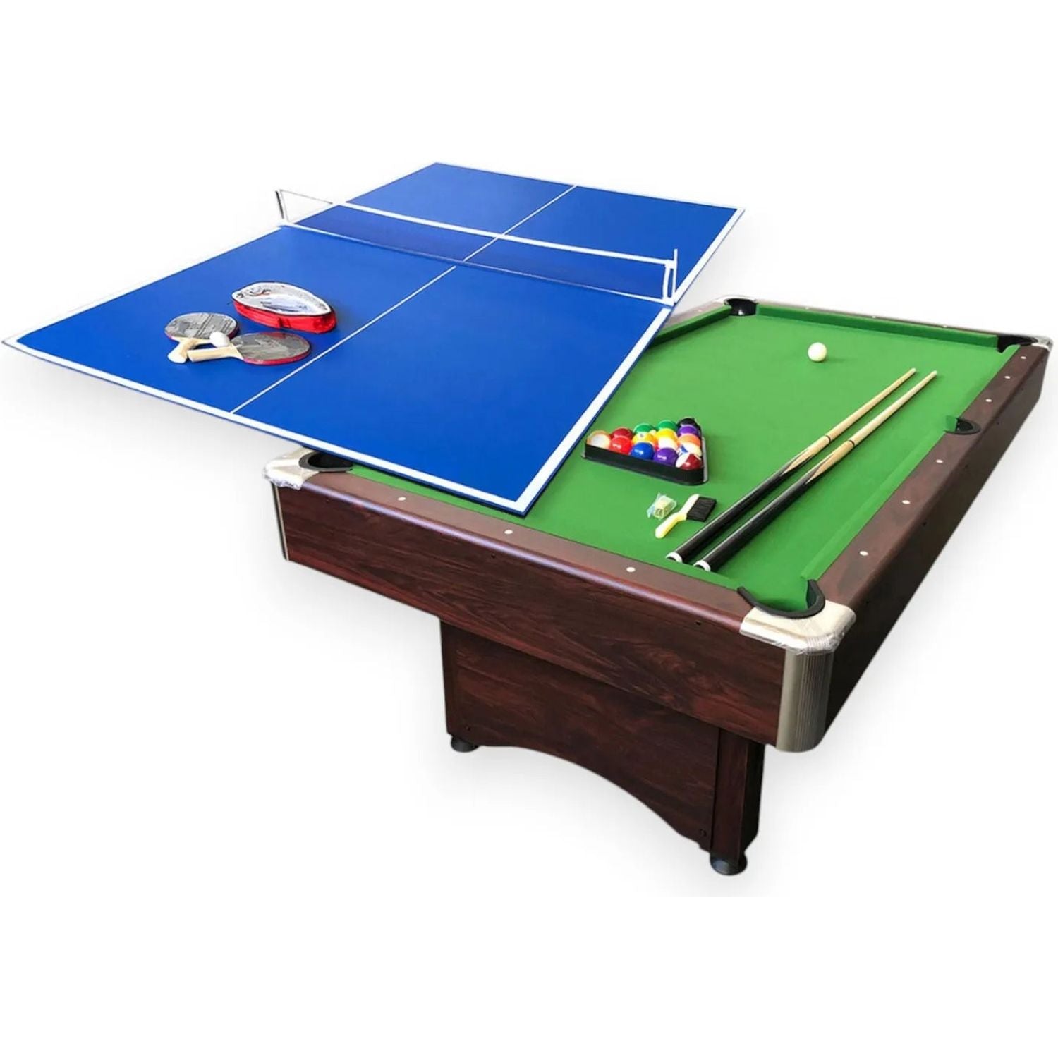 7FT Pool Table Sirio 2-in-1 Dark Brown Green Cloth 145KG Auto Ball Return Table Tennis Top Full Accessories UAE