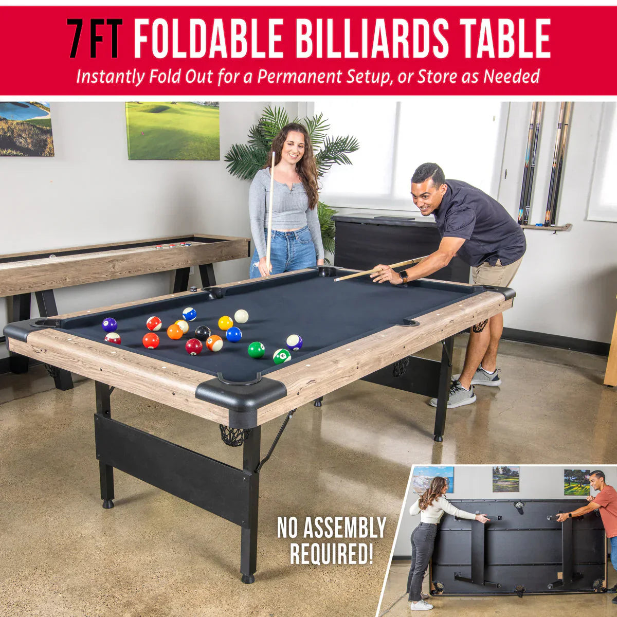 7ft Portable Pool Table | No Assembly Folding Billiard Table | Oak Finish | Full Accessory Set - View 2