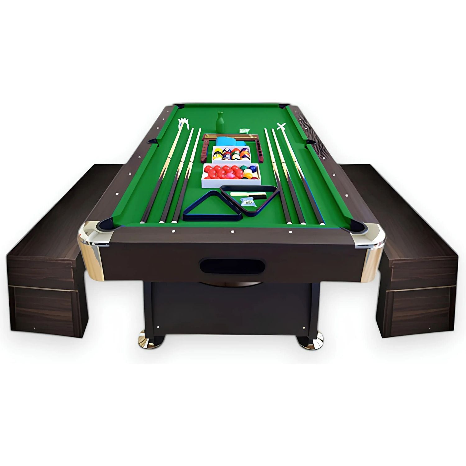 8FT Pool Table with 2 Storage Benches - Chrome Accents, Auto Ball Return, 150kg, Full Accessories, 6 Cues, Scoreboard