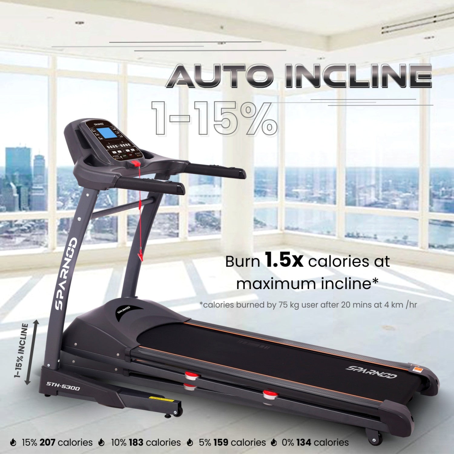 Auto Incline Treadmill STH-5300 5.5HP Peak 140kg 15% Auto Incline 16 km/h 18 Programs Hydraulic Fold Heart Rate Sensor - View 3