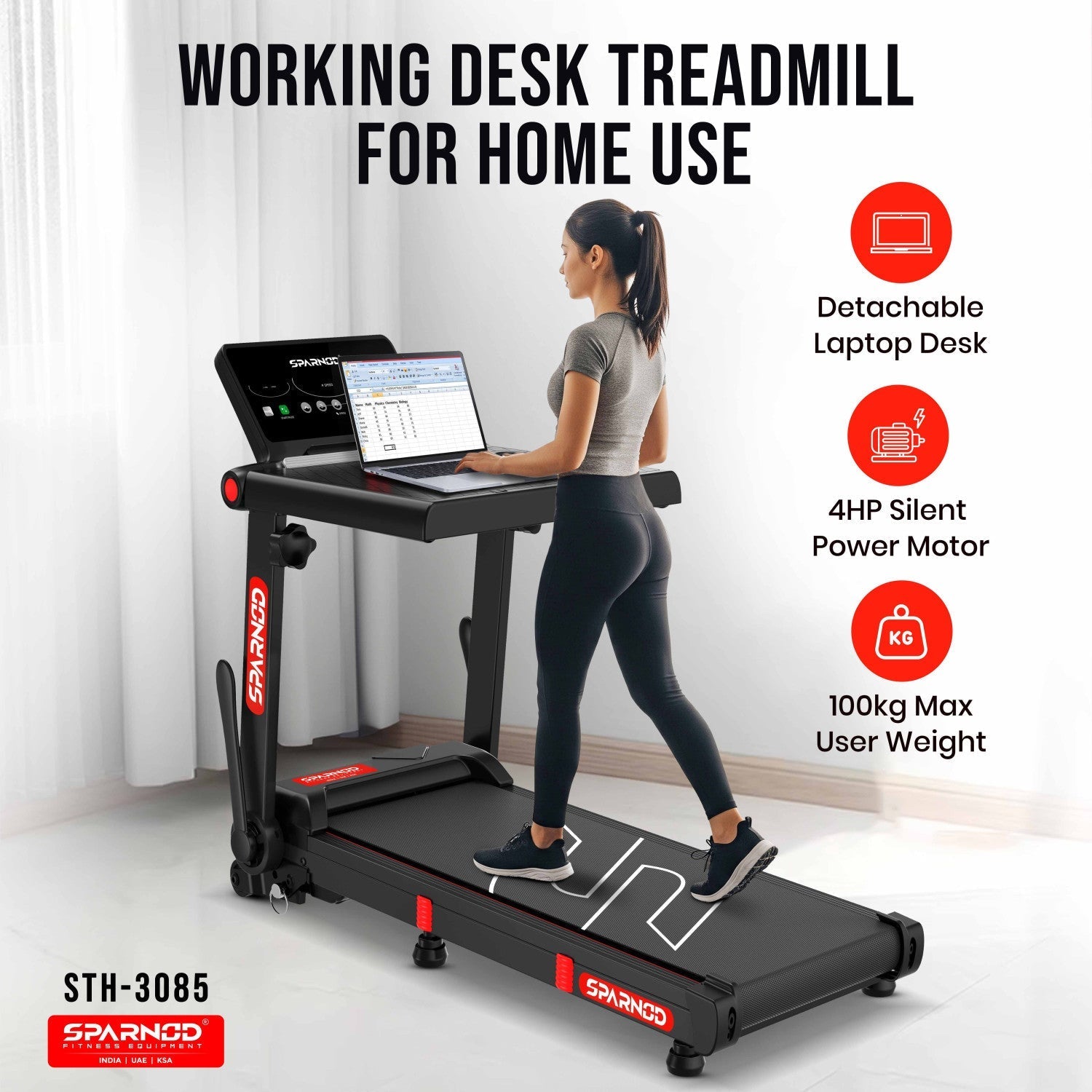 Desk Treadmill STH-3085 4HP DC Motor, 1-12km/h, Detachable Laptop Desk, 2-Level Incline, Heart Rate, Foldable, 100KG Capacity - View 2