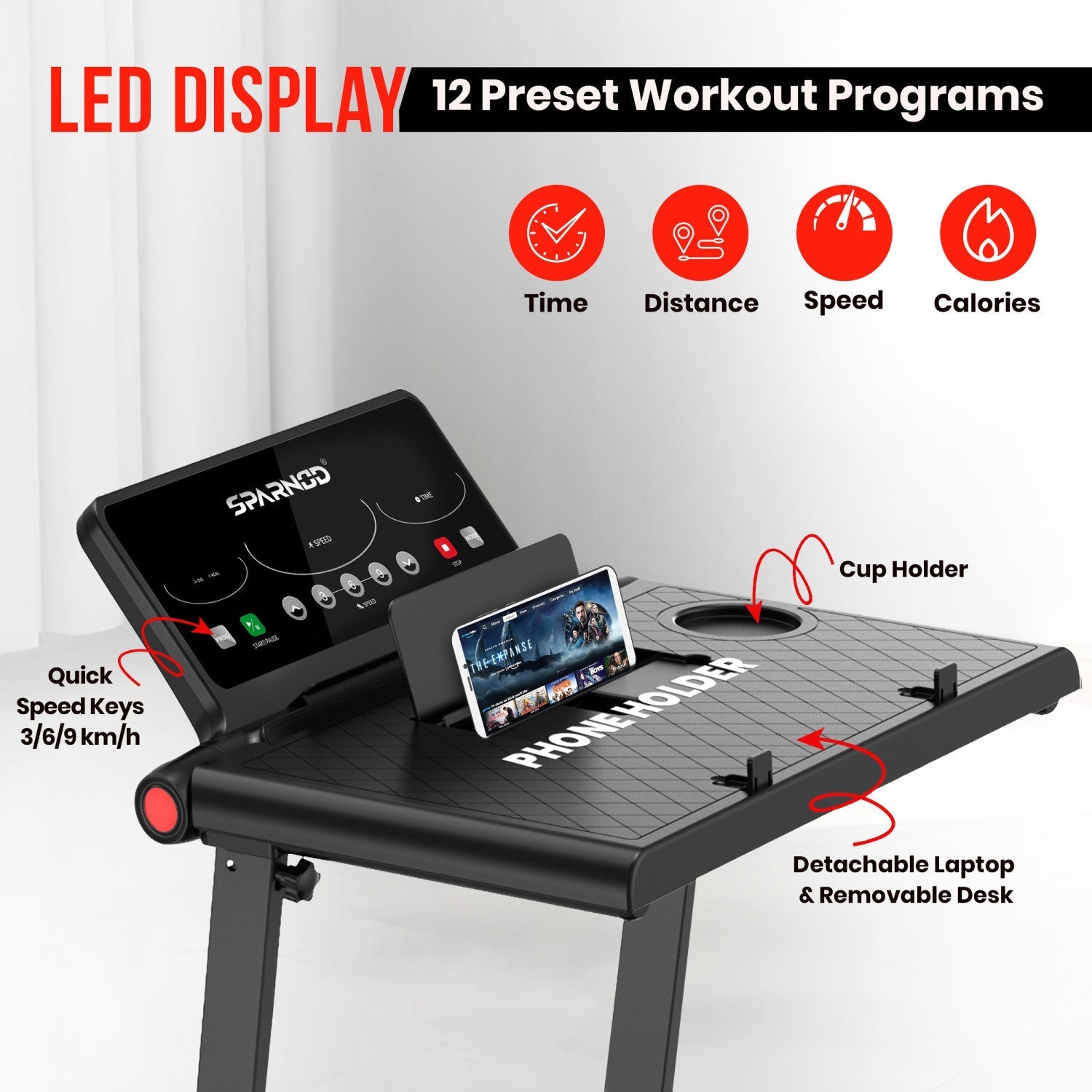 Desk Treadmill STH-3085 4HP DC Motor, 1-12km/h, Detachable Laptop Desk, 2-Level Incline, Heart Rate, Foldable, 100KG Capacity - View 3