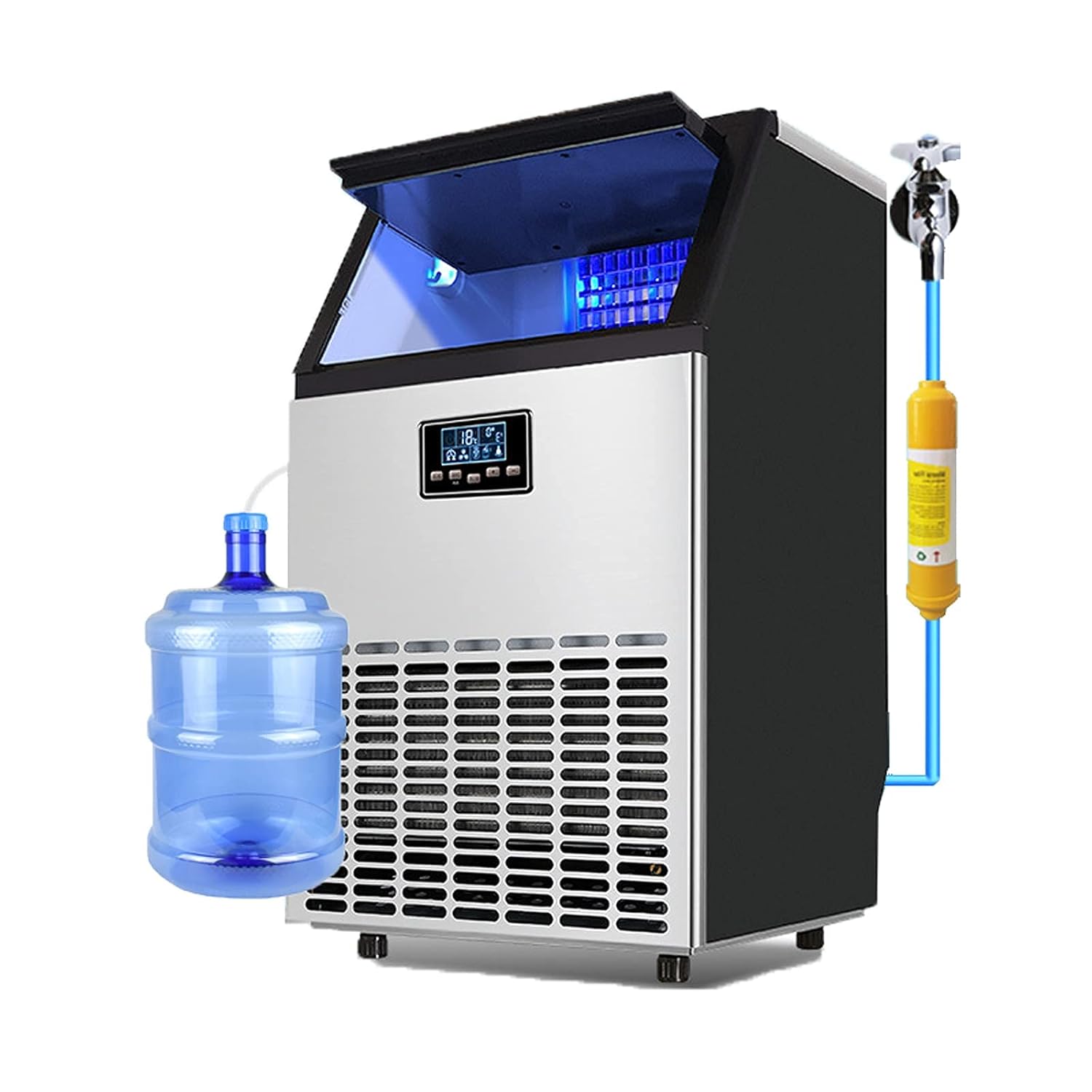 UAE Stall YLY2054 Premium Stainless Steel 2 in 1 Ice Maker With Water Bottle and Tap Commercial 55kg 24hr Ice Maker Smart, Safe, and Efficient 
