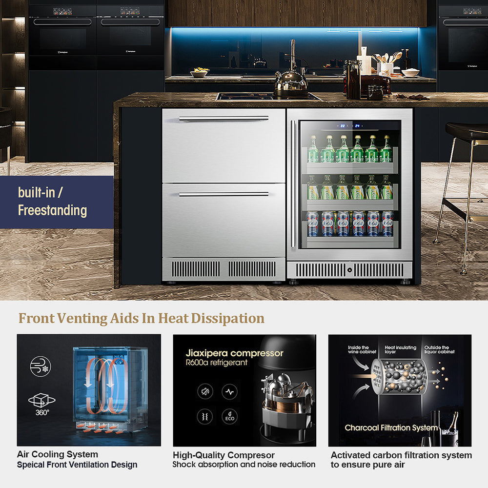 Wine Refrigerator, Under Counter Drawer Refrigeration Cabinet, Stainless Steel Beverage Cooler 